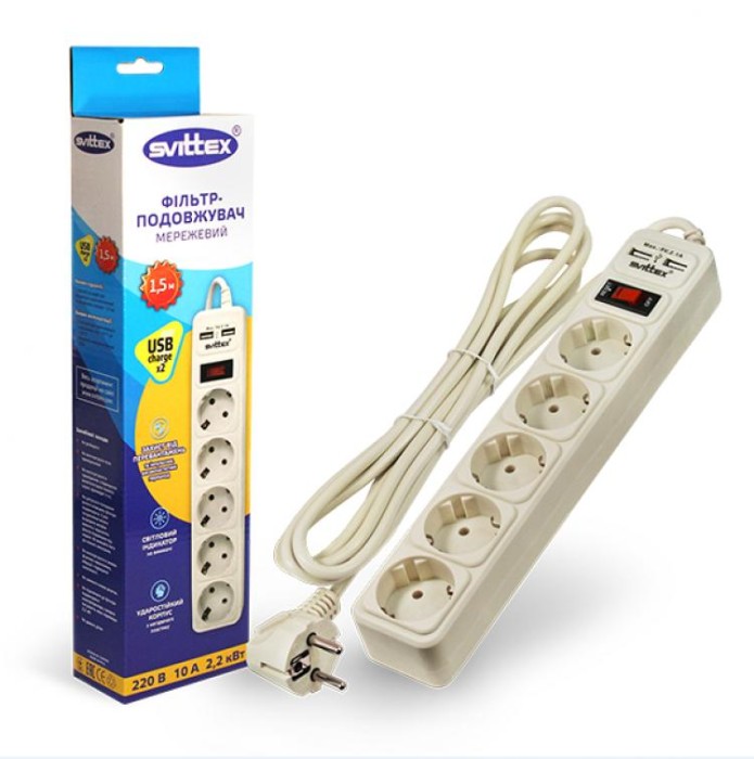 купить купить Сетевой фильтр-удлинитель &quot;SVITTEX&quot; 1.5м 10А 220В.- 2*USB 5V 2.1A.  