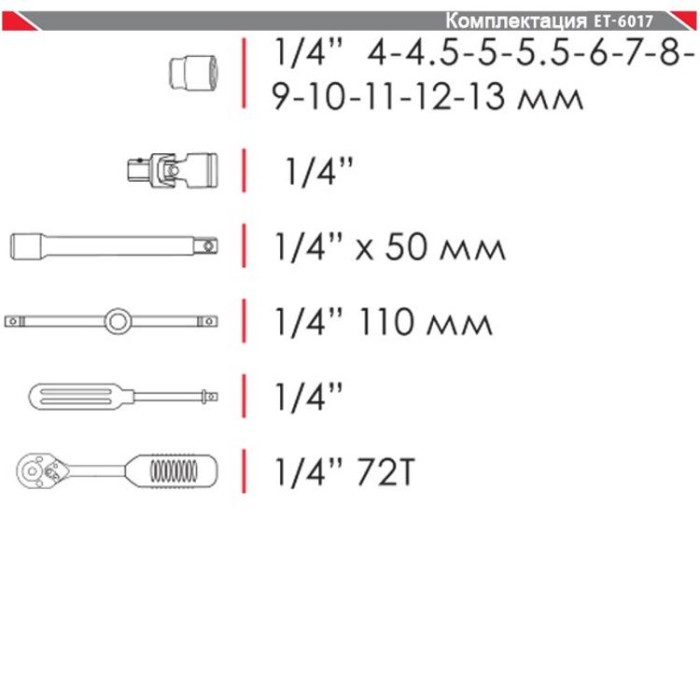 купить купить Набор инструментов профессиональный 1/4&quot;, 17ед ( гол.4-13мм ), Cr-V. INTERTOOL ET-6017  