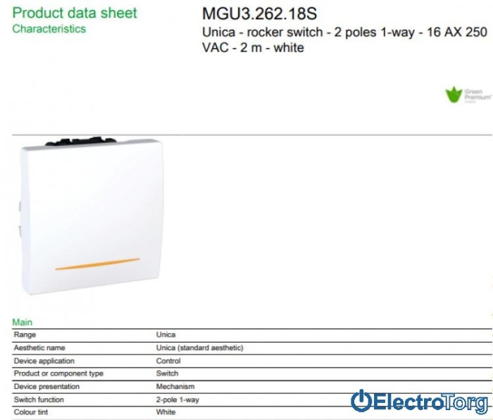 Выключатель 2-х полюсный 1-клавишный с индикатором 16AX белый Unica Schneider