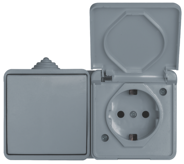 Блок: вимикач 1 кл, розетка з/з, 10А-16А, MARSO &amp;quot;Aqua&amp;quot;, IP 44, з кришкою, сірий