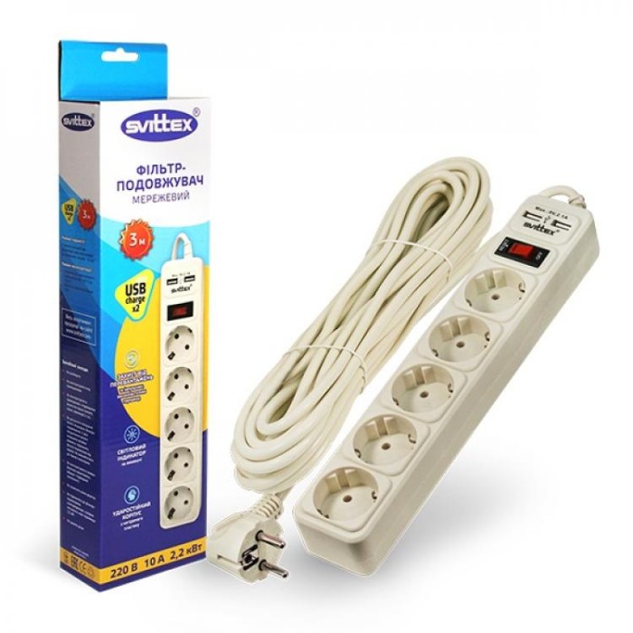 купить купить Сетевой фильтр-удлинитель &quot;SVITTEX&quot; 3.0м 10А 220В.- 2*USB 5V 2.1A.  