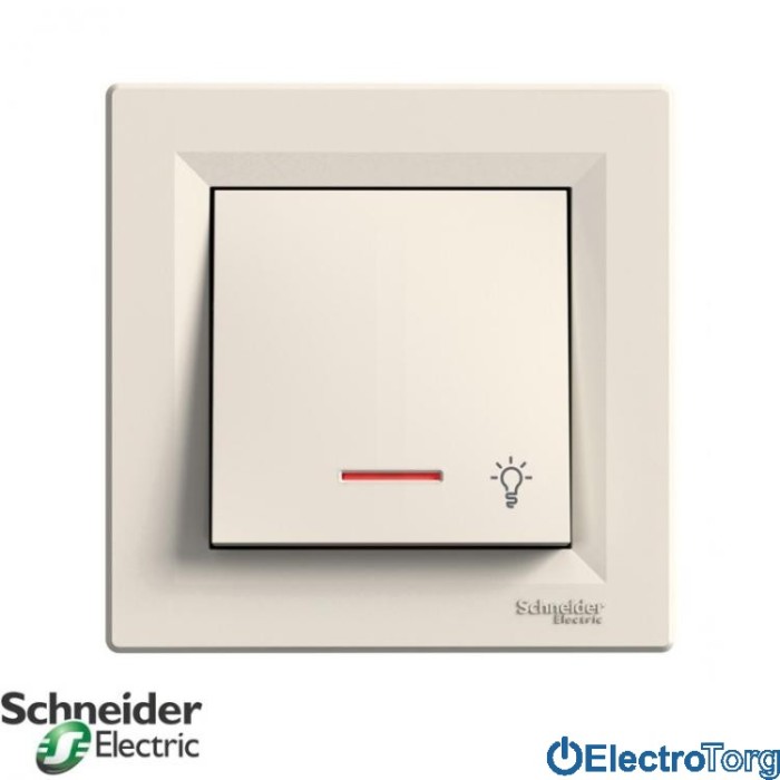 Выключатель кнопочный одноклавишный с подсветкой (символ свет) кремовый Asfora Schneider Electric (Шнайдер Электрик)