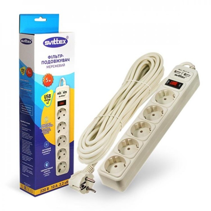 купить купить Сетевой фильтр-удлинитель &quot;SVITTEX&quot; 5.0м 10А 220В.- 2*USB 5V 2.1A.  