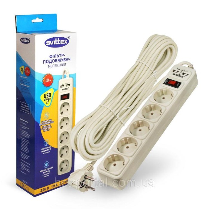 купить купить Сетевой фильтр-удлинитель &quot;SVITTEX&quot; 10.0м 10А 220В.- 2*USB 5V 2.1A.  