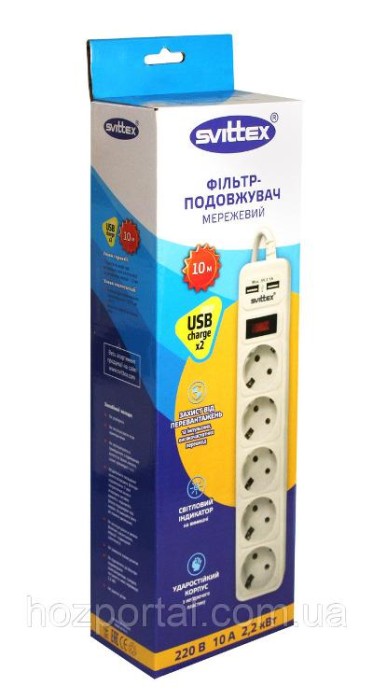 купить купить Сетевой фильтр-удлинитель &quot;SVITTEX&quot; 10.0м 10А 220В.- 2*USB 5V 2.1A.  
