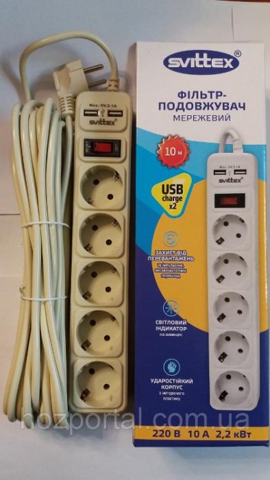 купить купить Сетевой фильтр-удлинитель &quot;SVITTEX&quot; 10.0м 10А 220В.- 2*USB 5V 2.1A.  