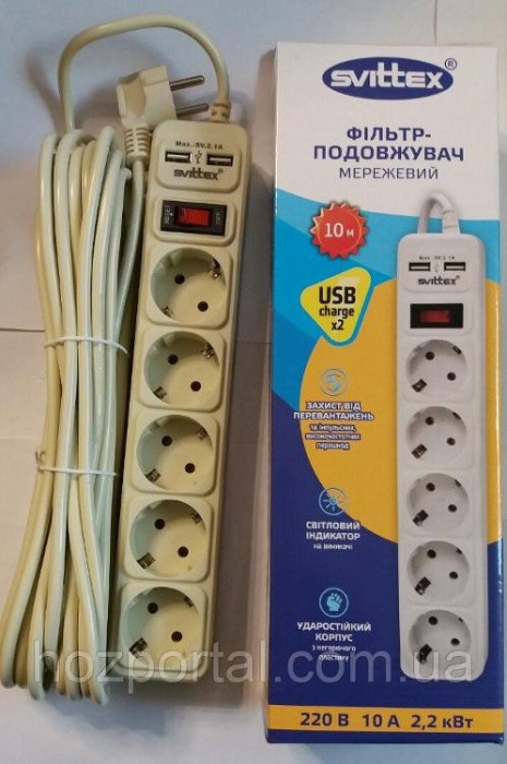 купить купить Сетевой фильтр-удлинитель &quot;SVITTEX&quot; 10.0м 10А 220В.- 2*USB 5V 2.1A.  