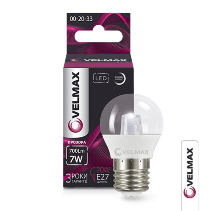 купить купить LED лампа V-G45-CL, 7W, Е27, 4100K, 700Lm, EMC, прозрачная VELMAX  