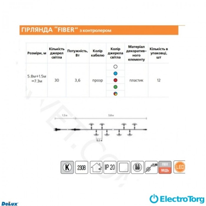 купить купить Гирлянда внутренняя с контроллером FIBER С 30LED 7.3m прозрачный шнур IP20 DELUX  