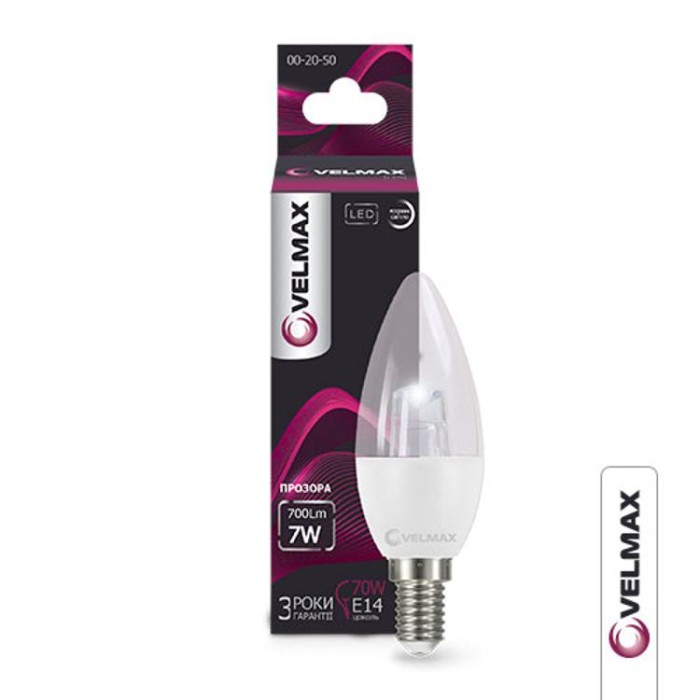 купить купить LED лампа V-С37-CL, 7W, Е14, 4100K, 700Lm, ЕМС, прозрачная VELMAX  
