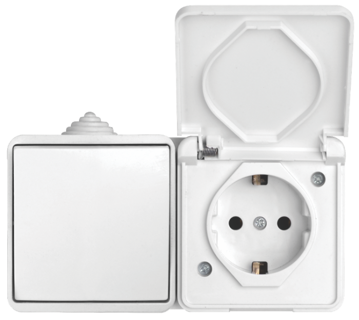 Блок: вимикач 1 кл, розетка з/з, 10А-16А, MARSO &amp;quot;Aqua&amp;quot;, IP 44, з кришкою, білий