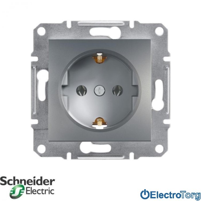 Розетка с заземлением одинарная с защитными шторками сталь Asfora Schneider Electric (Шнайдер Электрик)