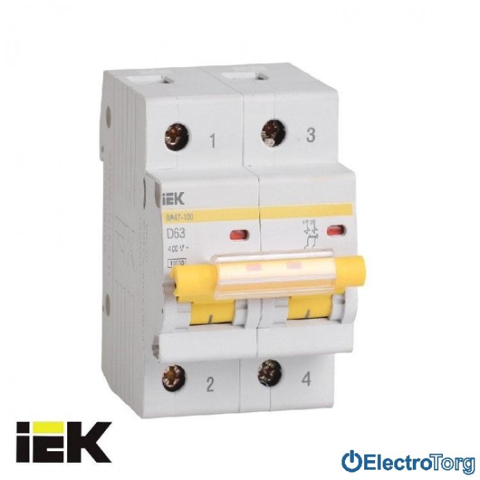 купить купить Автоматический выключатель ВА47-100 2P 10кА D 63A ИЭК(IEK)  