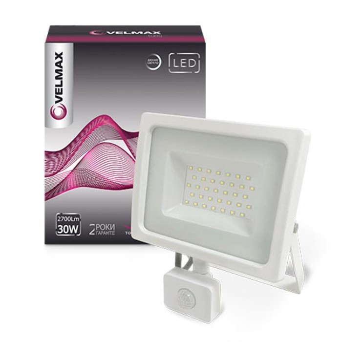 купить купить LED прожектор VF, 30W,6200K, 2700Lm, 220V, датчик движения, белый VELMAX  