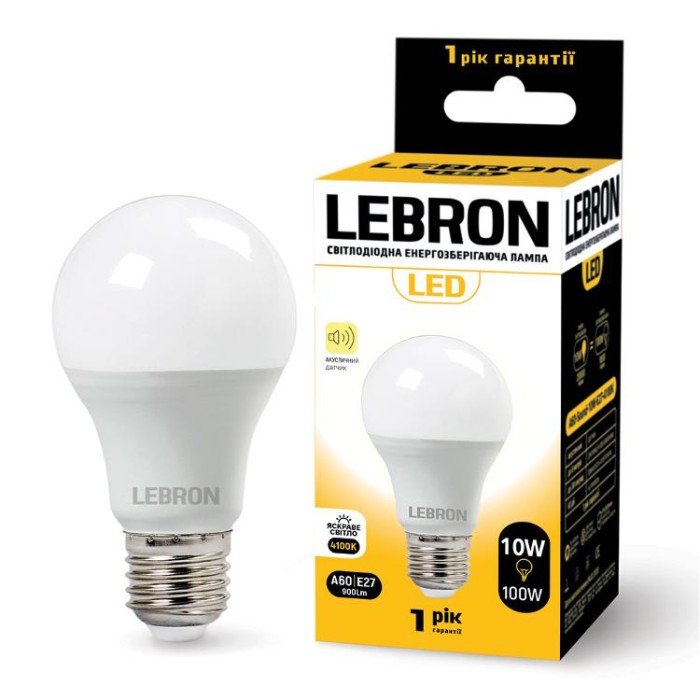 купить купить LED лампа LEBRON L-A60, 10W, Е27, 4100K, 900Lm, акустический датчик  