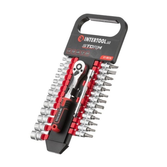 купить купить Набор головок 1/4&quot;4-14 мм., TORX, PH, HEX, SL, удлинитель, рукоятка с храповым механизмом 72 зуба, 28ед., Cr-V STORM INTERTOOL ET-8018  