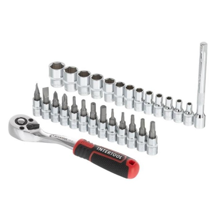 купить купить Набор головок 1/4&quot;4-14 мм., TORX, PH, HEX, SL, удлинитель, рукоятка с храповым механизмом 72 зуба, 28ед., Cr-V STORM INTERTOOL ET-8018  