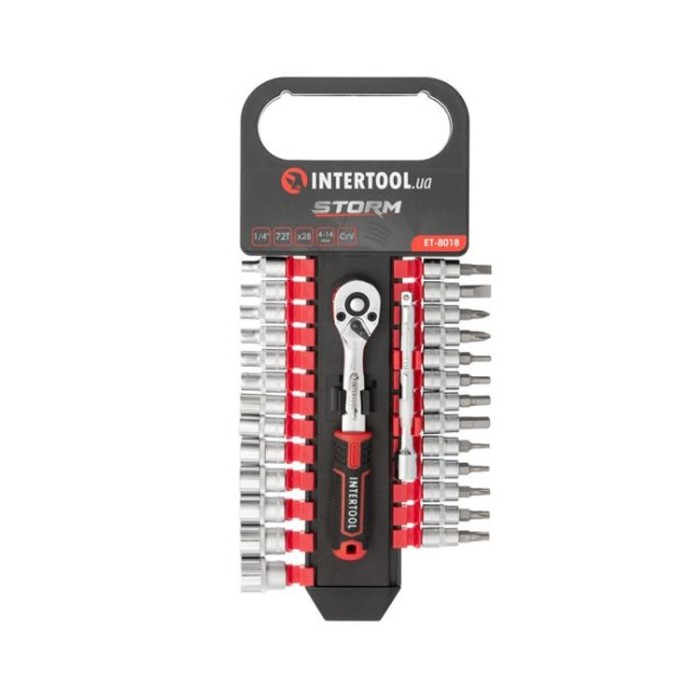 купить купить Набор головок 1/4&quot;4-14 мм., TORX, PH, HEX, SL, удлинитель, рукоятка с храповым механизмом 72 зуба, 28ед., Cr-V STORM INTERTOOL ET-8018  