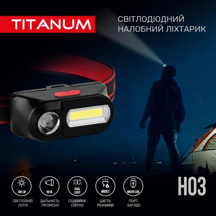 купить купить Налобний світлодіодний ліхтарик TITANUM TLF-H03 180Lm 6500K  