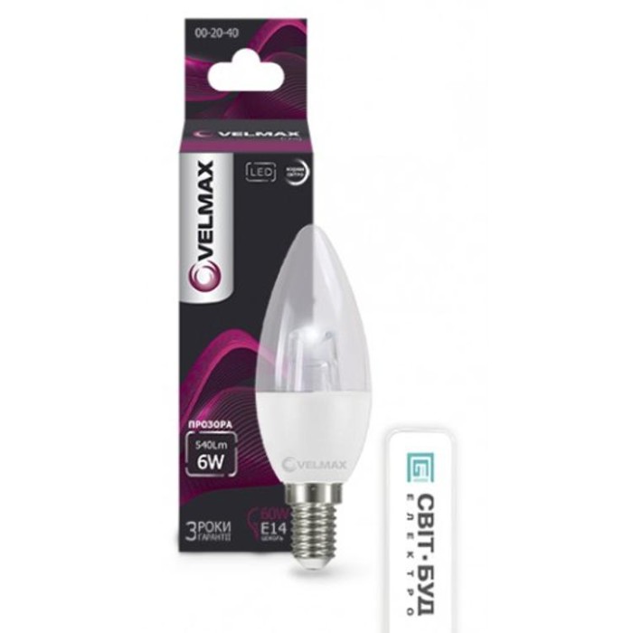 купить купить LED лампа V-С37-CL, 6W, Е14, 4100K, 540Lm, угол 280°, EMC VELMAX  