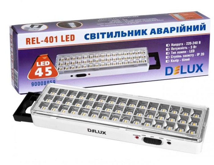 купить купить Светильник аварийный аккумуляторный REL-401(3.7V1,5Ah) 45LED 3W 230x65x30 Delux (Делюкс)  