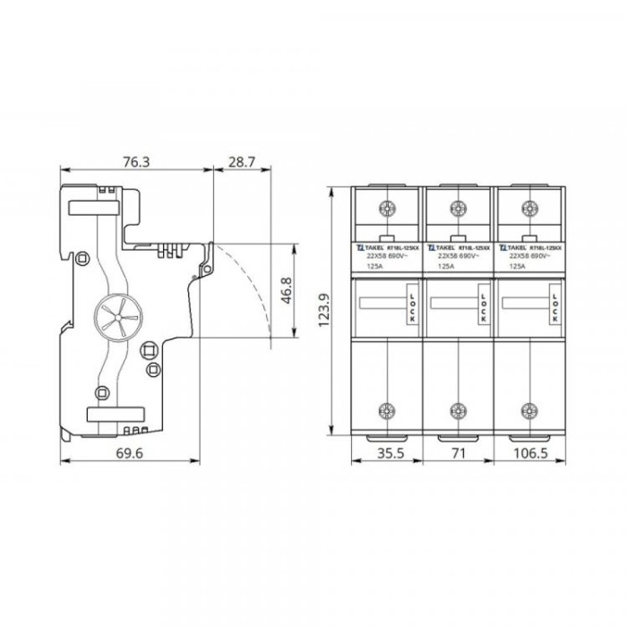 Тримач плавкого запобіжника RT18L-125X 2Р 125А типорозмір 22x58 TAKEL