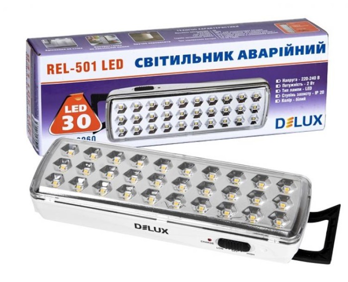 купить купить Светильник аварийный аккумуляторный REL-501 (3.7V1,2Ah) 30LED 2W 202x68x40 Delux (Делюкс)  