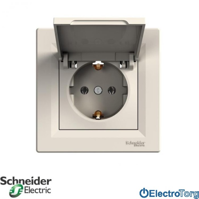 Розетка с заземлением одинарная с крышкой кремовая Asfora Schneider Electric (Шнайдер Электрик)