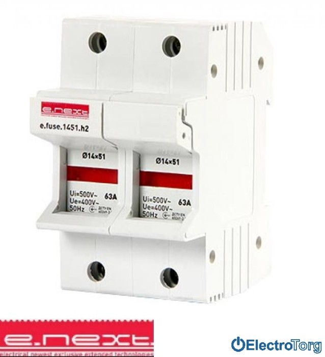 купить купить Держатель предохранителя на DIN-рейку e.fuse.1451.h2, под предохранитель 14х51, 2р, 63А E.NEXT(Енекст)  