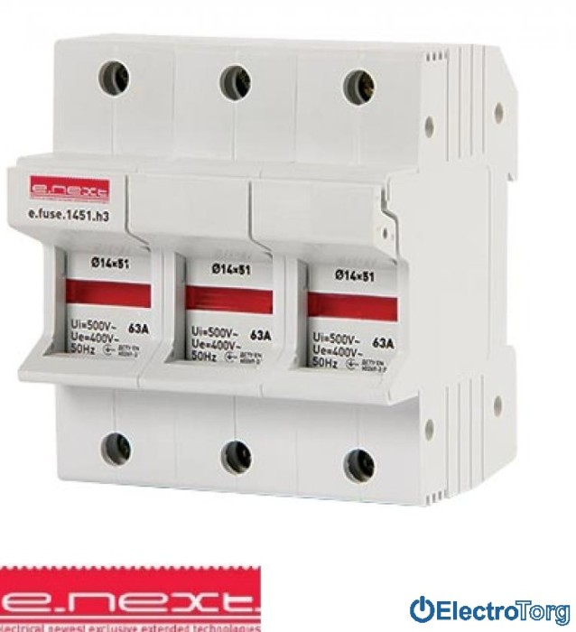 купить купить Держатель предохранителя на DIN-рейку e.fuse.1451.h3, под предохранитель 14х51, 3р, 63А E.NEXT(Енекст)  