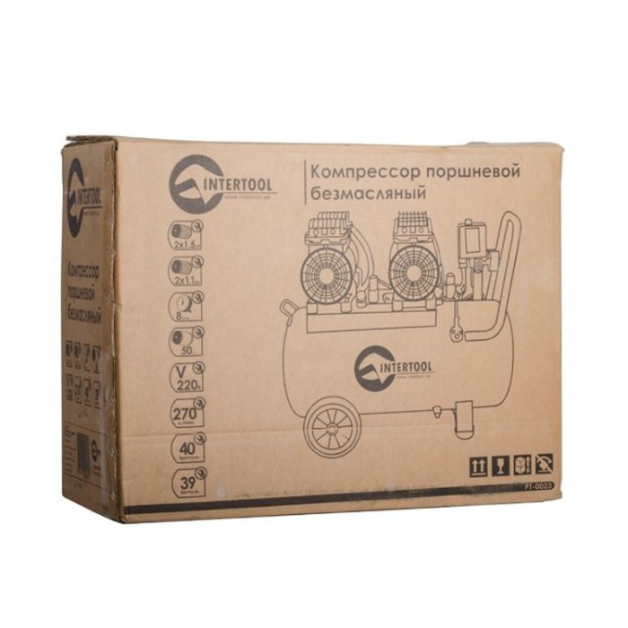 купить купить Компрессор 50 л, 2х1.1 кВт, 220 В, 8 атм, 270 л/мин, малошумный, безмасляный, 4 цилиндра INTERTOOL PT-0023  