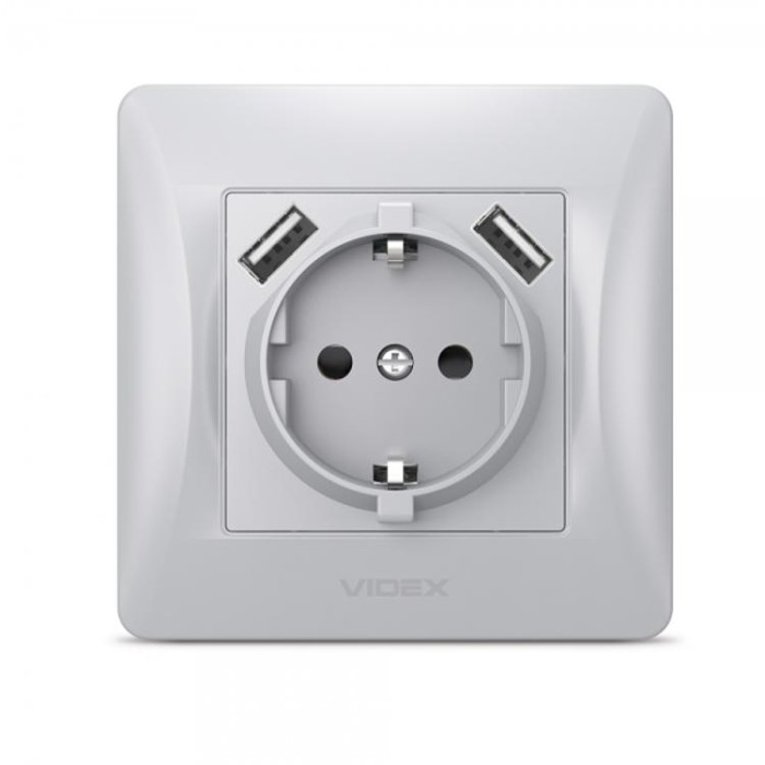 купить купить Розетка одинарная с заземлением и 2USB серебряный шелк VIDEX BINERA  