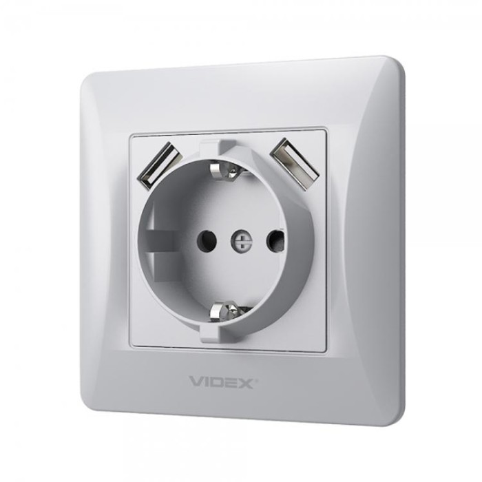 купить купить Розетка одинарная с заземлением и 2USB серебряный шелк VIDEX BINERA  