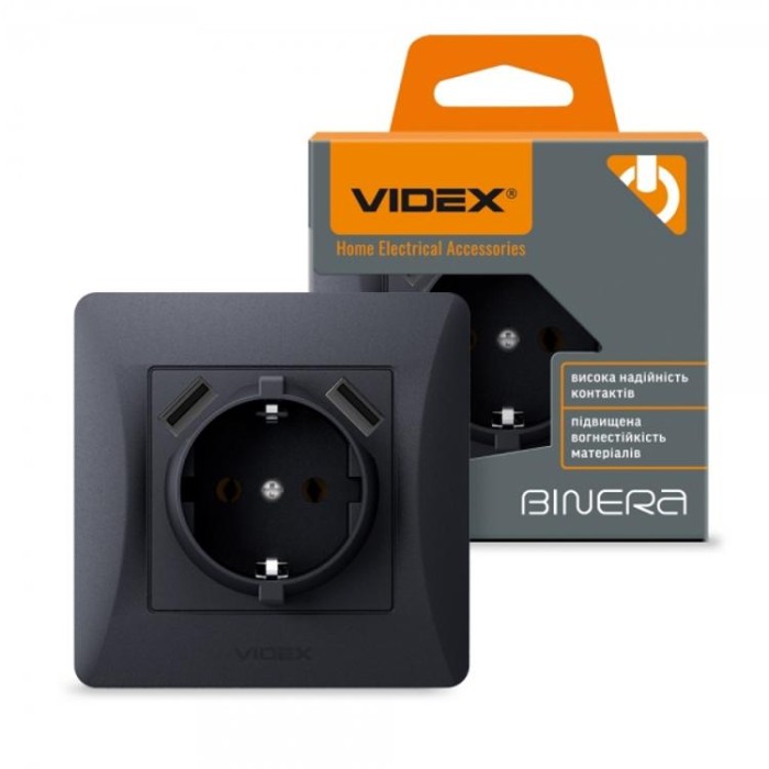 купить купить Розетка одинарная с заземлением и 2USB черный графит VIDEX BINERA  