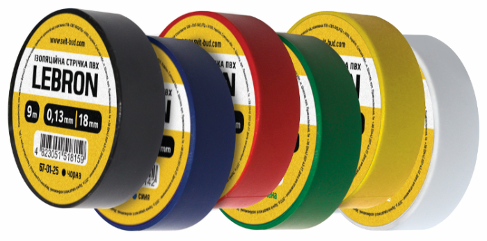 Ізострічка ПВХ Lebron 18 мм х 9м, мікс (чорна, червона, зелена, біла, жовта, синя)