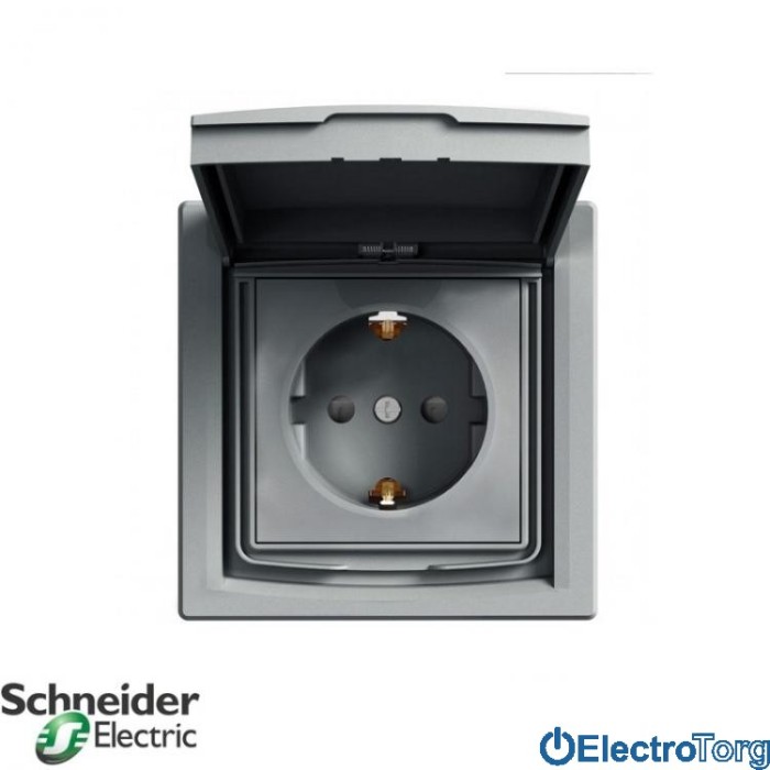 Розетка с заземлением с защитными шторками алюминий IP44  Asfora Schneider Electric (Шнайдер Электрик)
