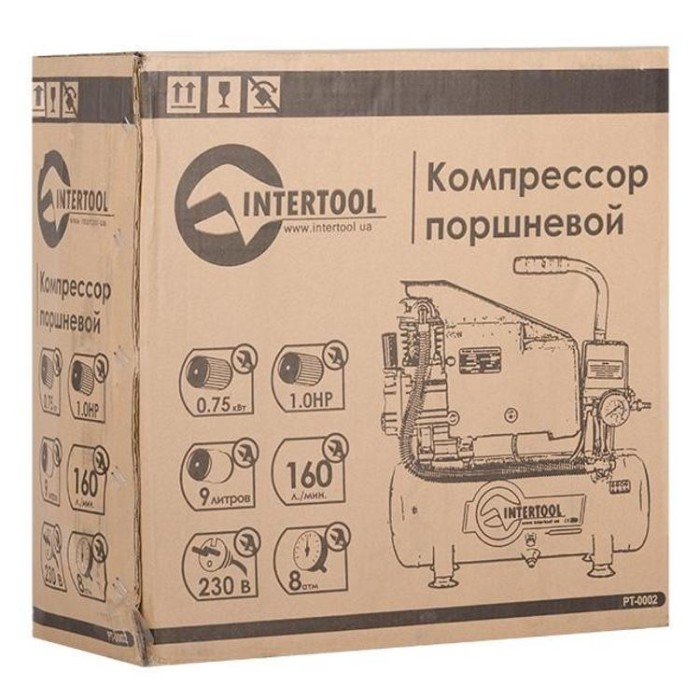 купить купить Компрессор 9 л, 0.75 кВт, 220 В, 8 атм, 160 л/мин INTERTOOL PT-0002  