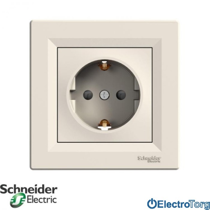 Розетка с заземлением одинарная с защитными шторками кремовая Asfora Schneider Electric (Шнайдер Электрик)